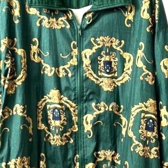 Vintage SLADE Green NYLON ORNATE BAROQUE PRINT LINED WINDBREAKER JACKET NWOT 1X - Picture 4 of 9